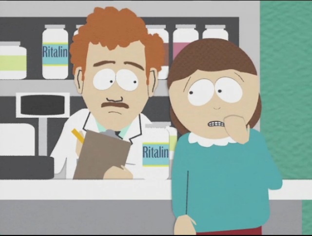 Ein Szene aus Sout Park. Cartmans Mutter kauft Ritalin in der Apotheke